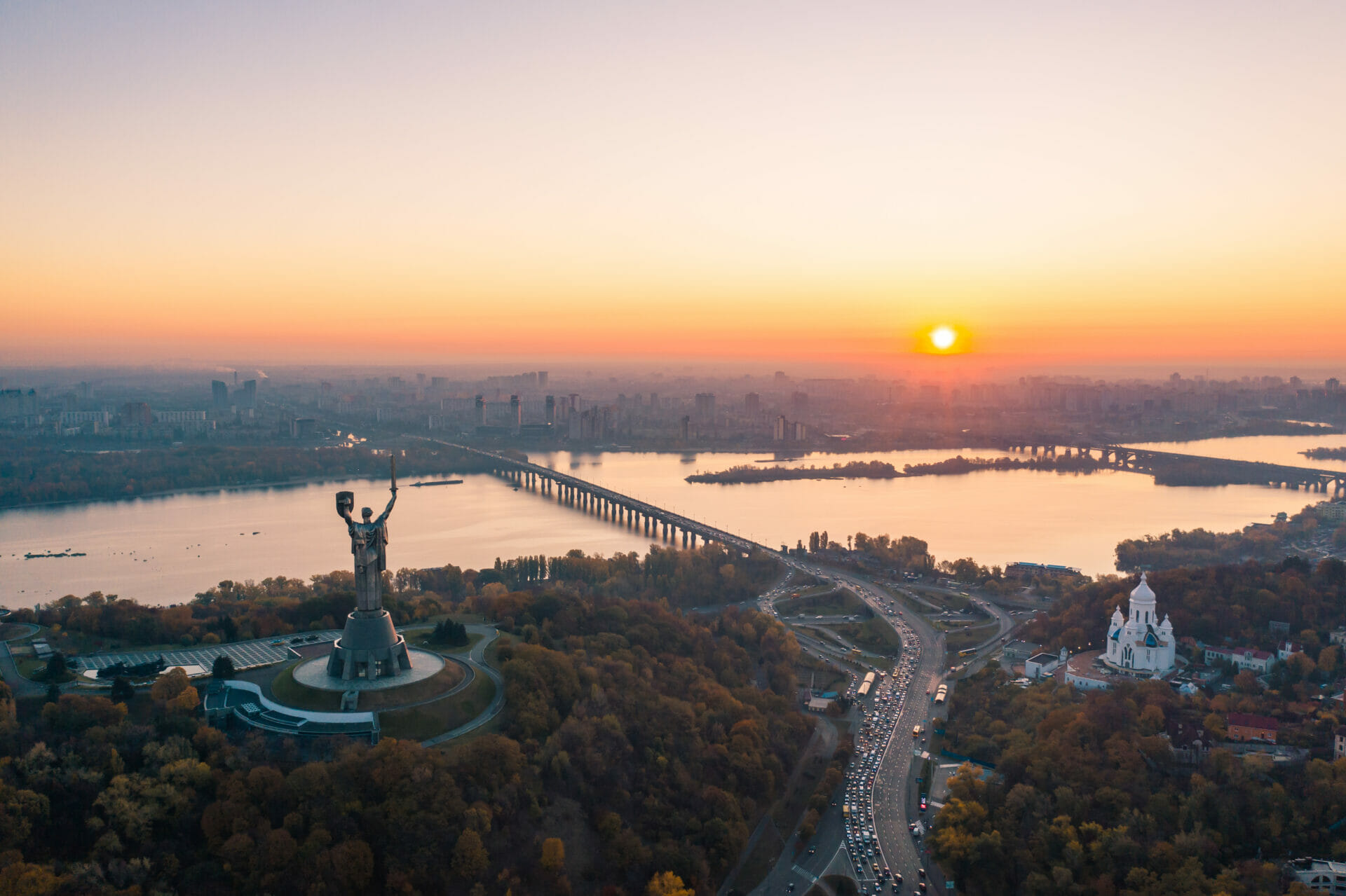 Kiev skyline over beautiful fiery sunset, Ukraine